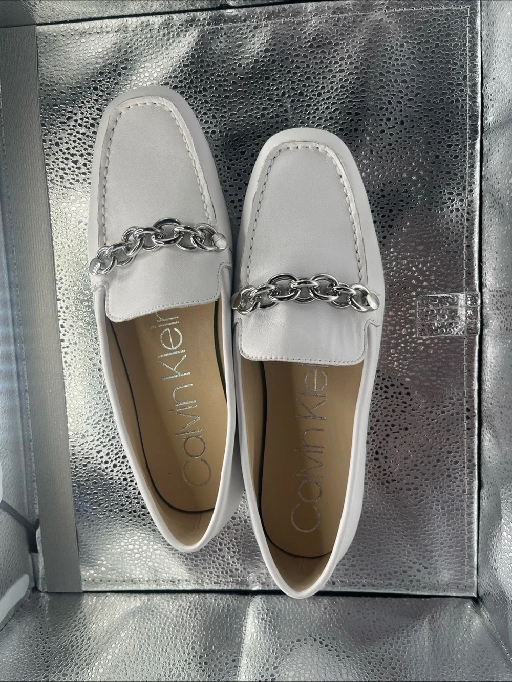 Calvin Klein White Leather Loafers with Silver Chain